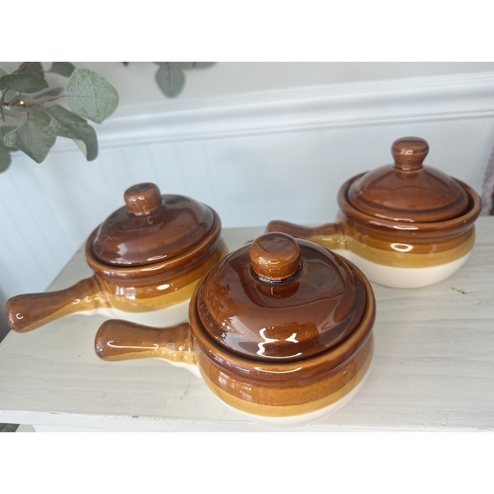 Set Of 3 Vintage French Onion Soup Handled Ceramic Crocks Bowls With‎ Lids Brown